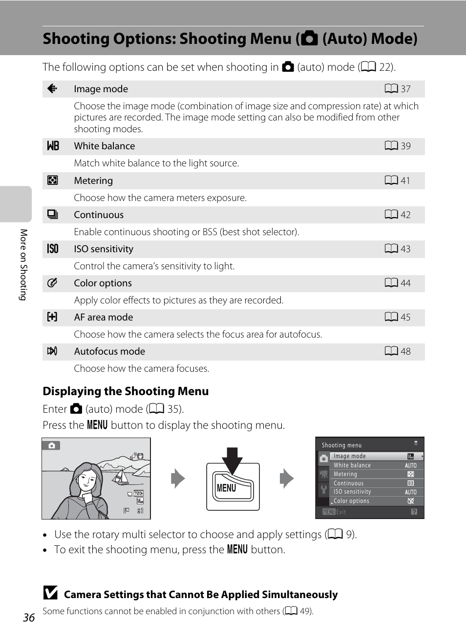 Shooting options: shooting menu (auto mode), Shooting options: shooting menu (a (auto) mode), A 36) accor | A 36), Shooting options: shooting menu ( a (auto) mode), Displaying the shooting menu | Nikon S6000 User Manual | Page 48 / 180