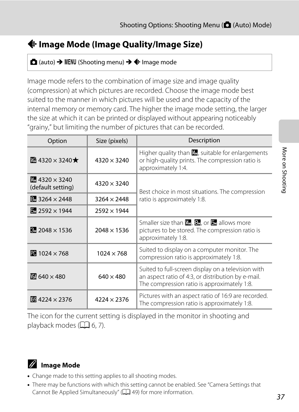 Image mode (image quality/image size), A image mode (image quality/image size), A 37) and | A 37 | Nikon S6000 User Manual | Page 49 / 180