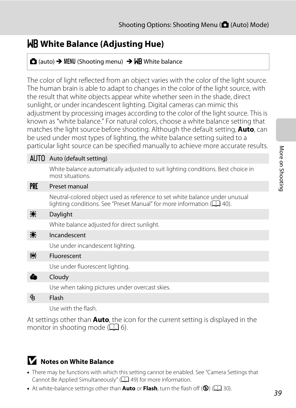 White balance (adjusting hue), B white balance (adjusting hue), A 39 | Nikon S6000 User Manual | Page 51 / 180