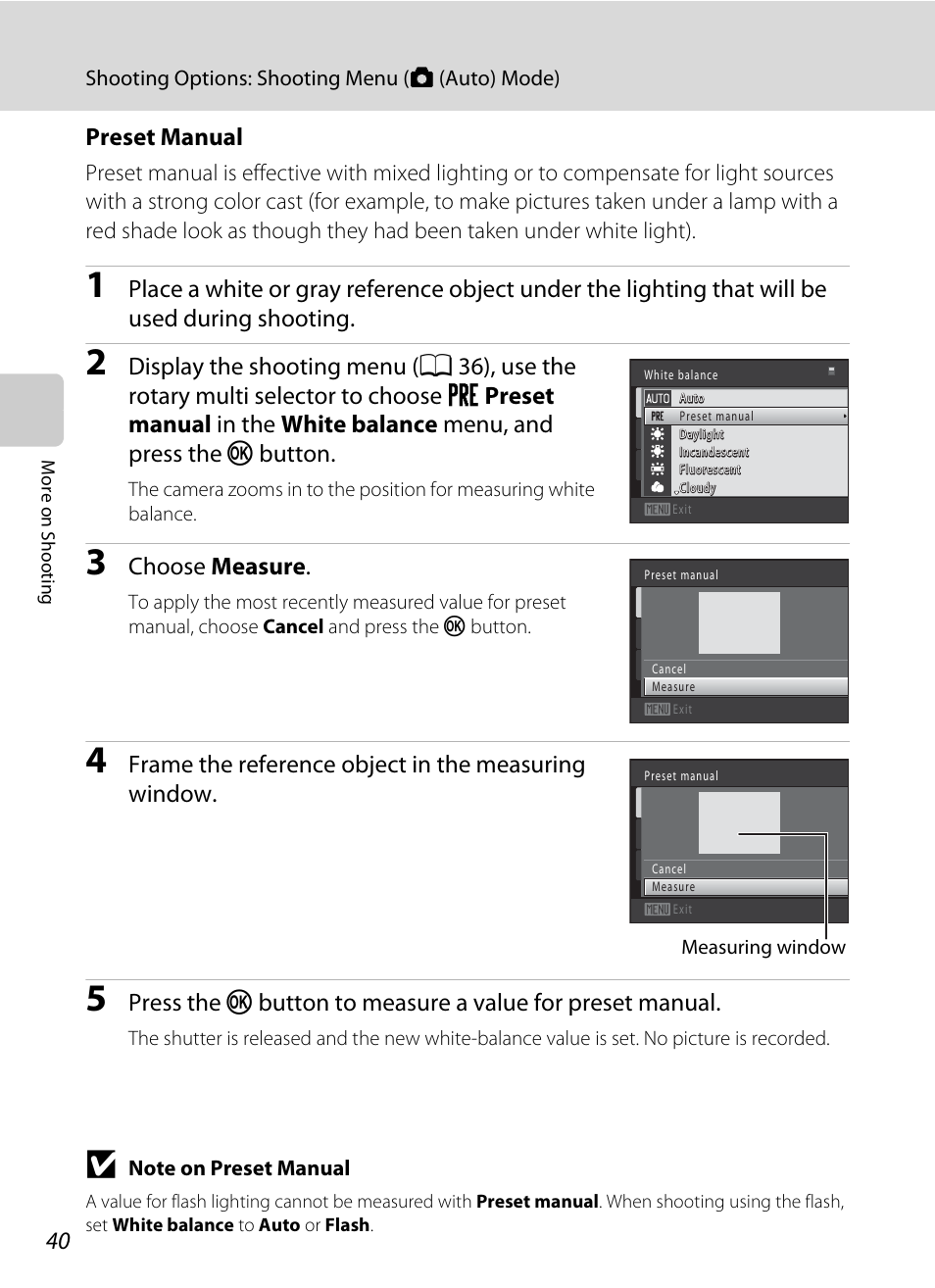 Preset manual” for more, A 40), Preset manual | Choose measure, Frame the reference object in the measuring window | Nikon S6000 User Manual | Page 52 / 180