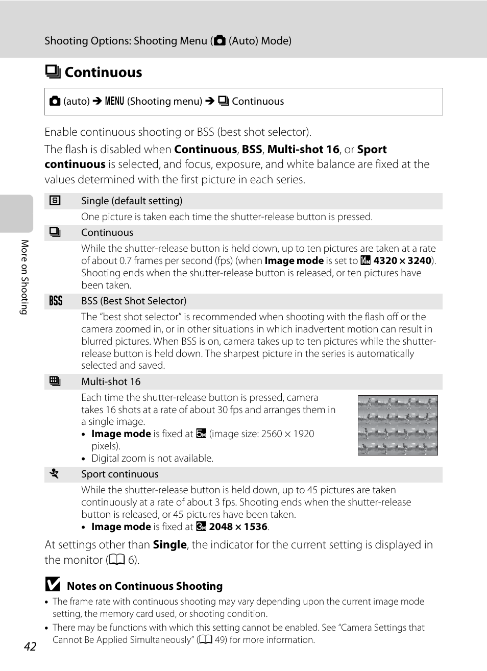 Continuous, C continuous, A 42) | A 42 | Nikon S6000 User Manual | Page 54 / 180