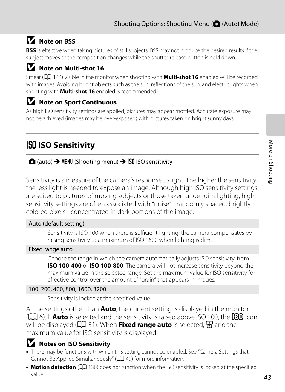 Iso sensitivity, E iso sensitivity, A 43 | Nikon S6000 User Manual | Page 55 / 180