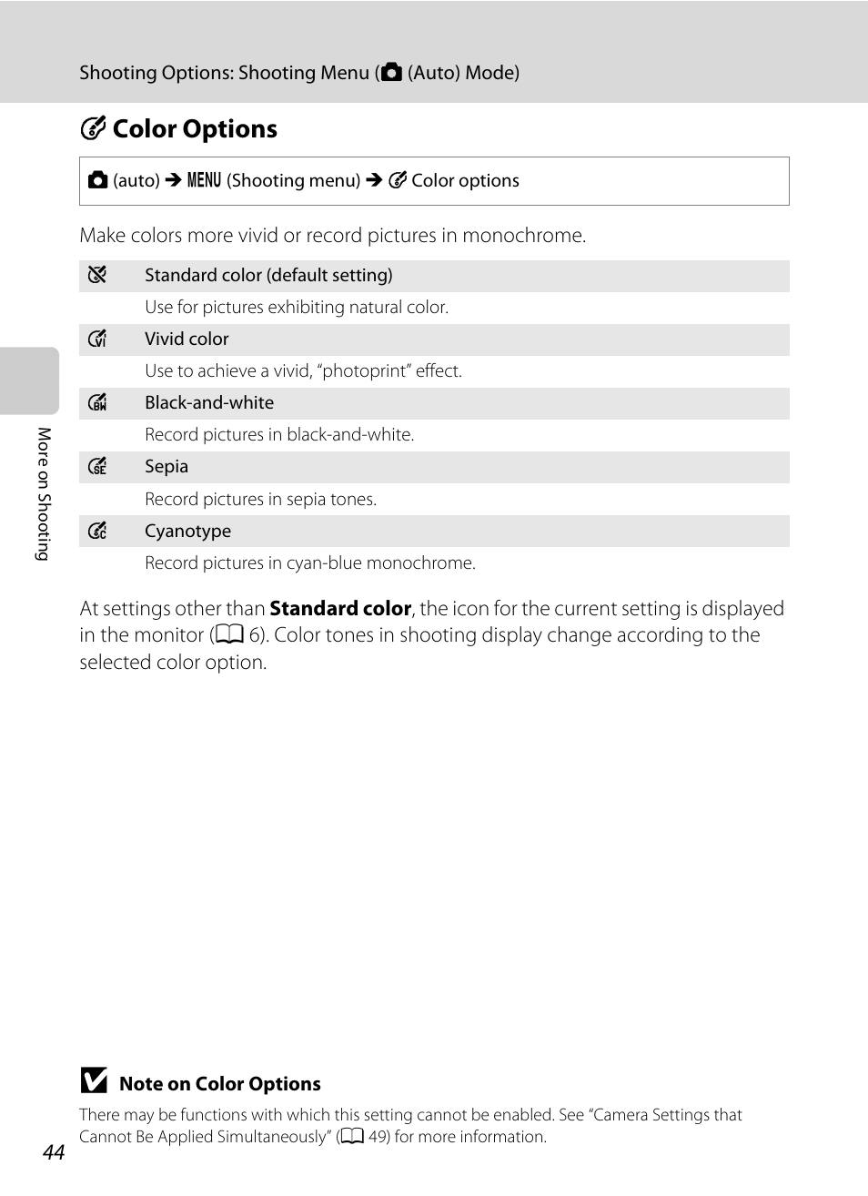 Color options, F color options, A 44 | Nikon S6000 User Manual | Page 56 / 180