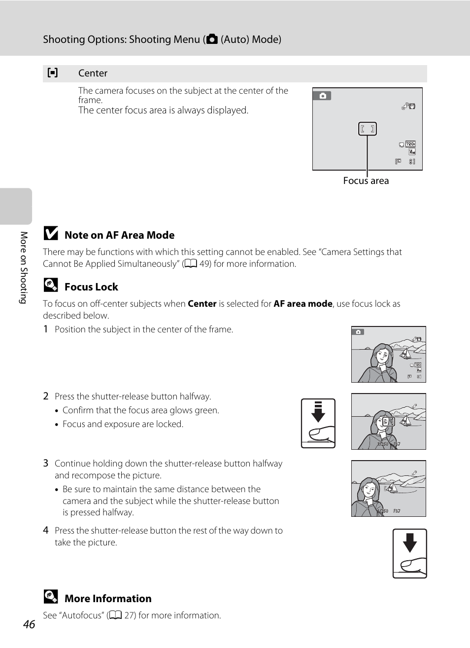 Lock, A 46), Shooting options: shooting menu (a (auto) mode) | Focus lock, More information | Nikon S6000 User Manual | Page 58 / 180