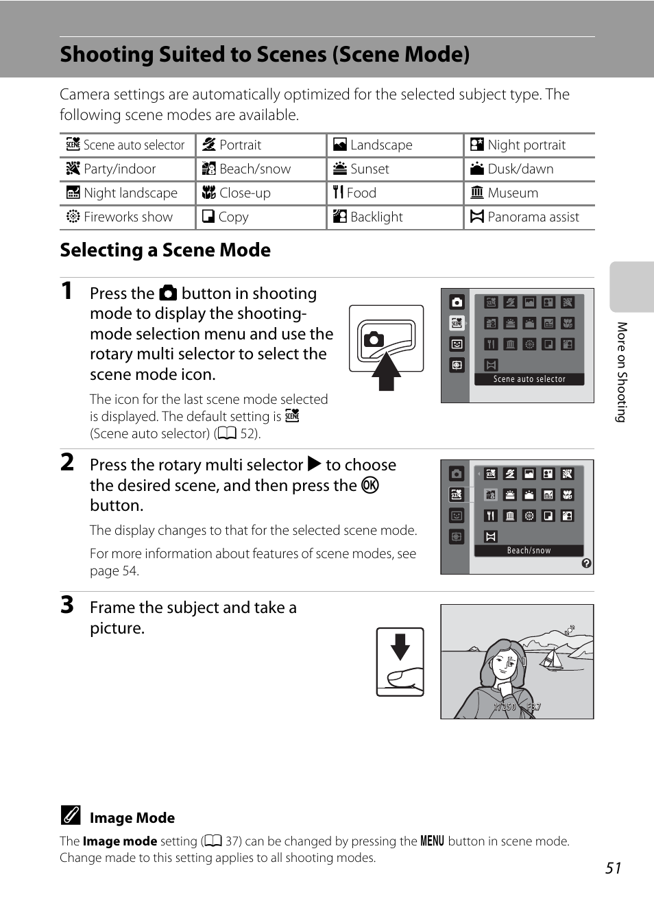 Shooting suited to scenes (scene mode), Selecting a scene mode, A 51 | Nikon S6000 User Manual | Page 63 / 180