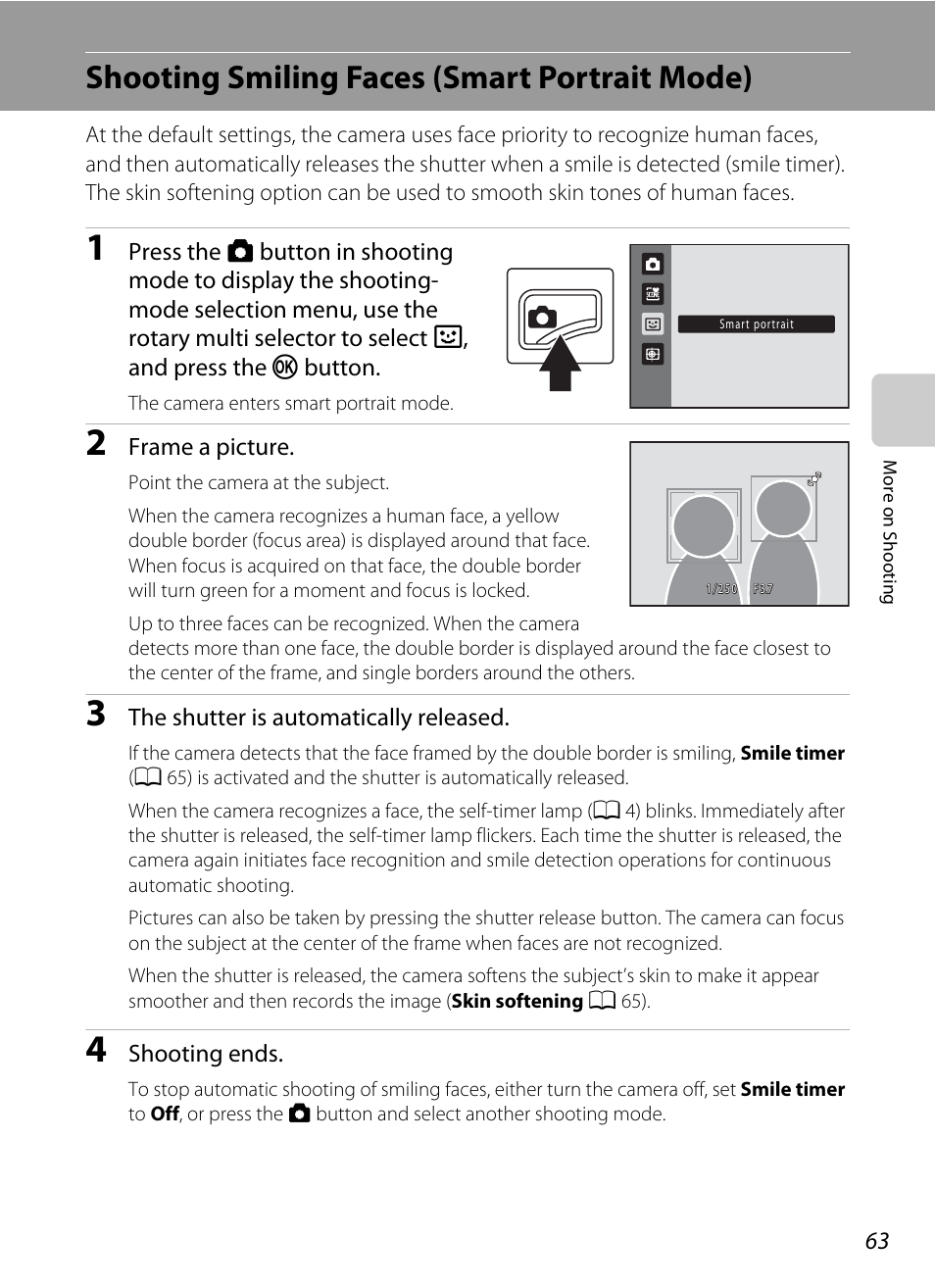 Shooting smiling faces (smart portrait mode), A 63, Mode | A 63) | Nikon S6000 User Manual | Page 75 / 180