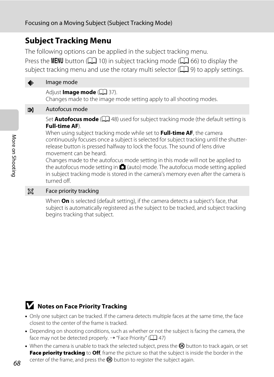 Subject tracking menu, A 68 | Nikon S6000 User Manual | Page 80 / 180