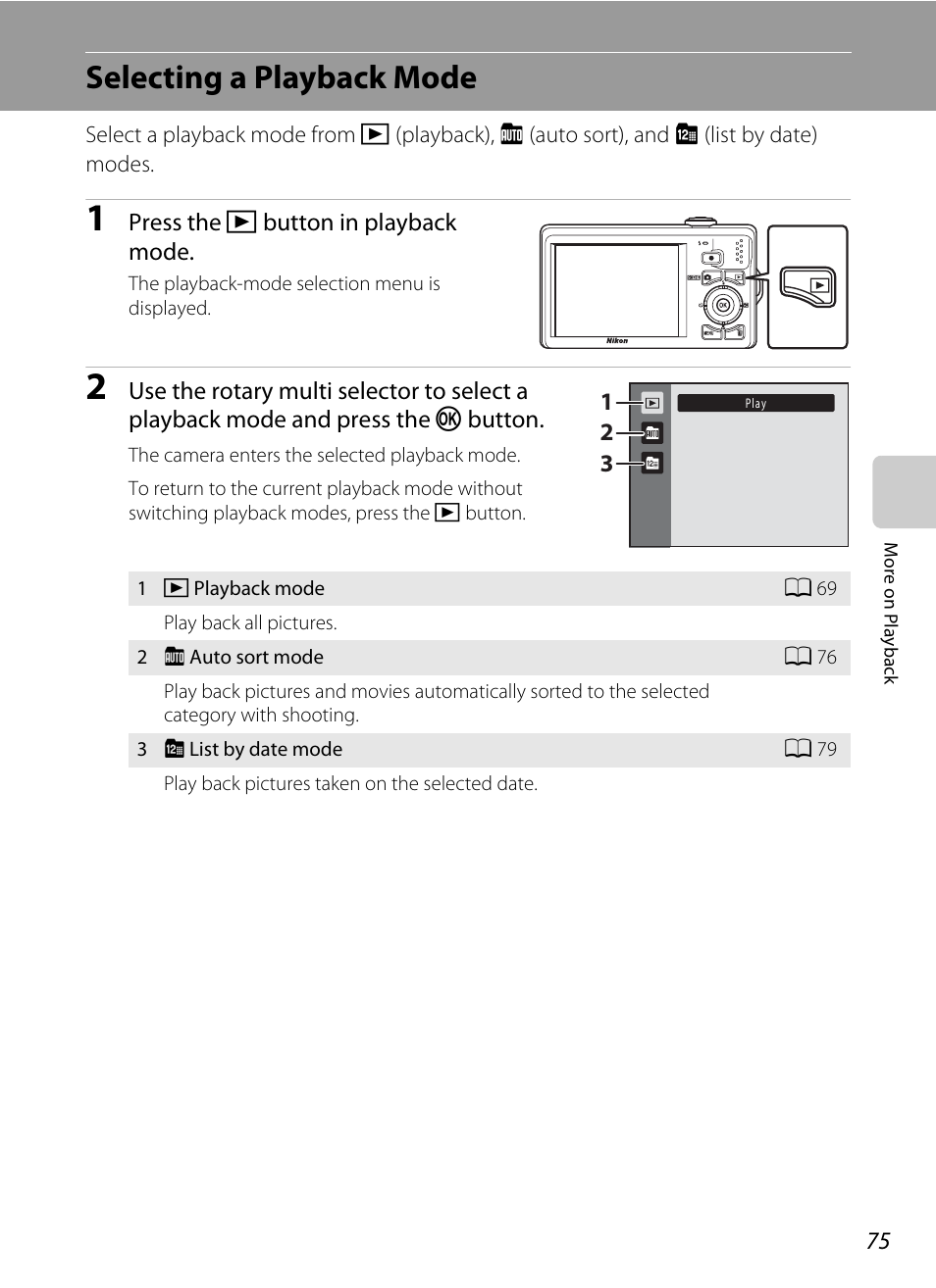 Selecting a playback mode | Nikon S6000 User Manual | Page 87 / 180