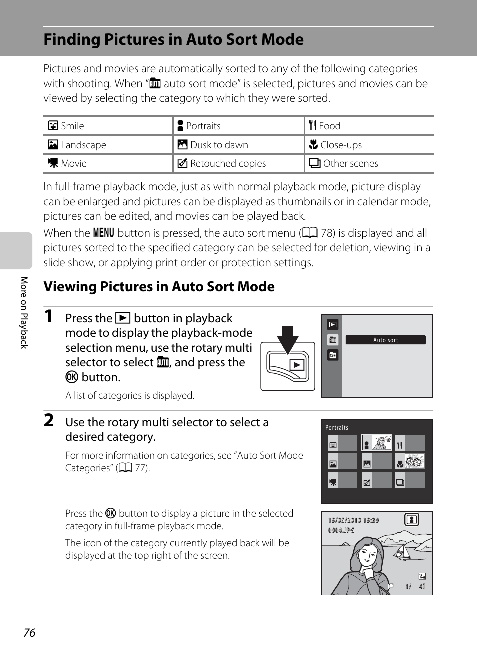 Finding pictures in auto sort mode, Viewing pictures in auto sort mode, A 76), the | Nikon S6000 User Manual | Page 88 / 180