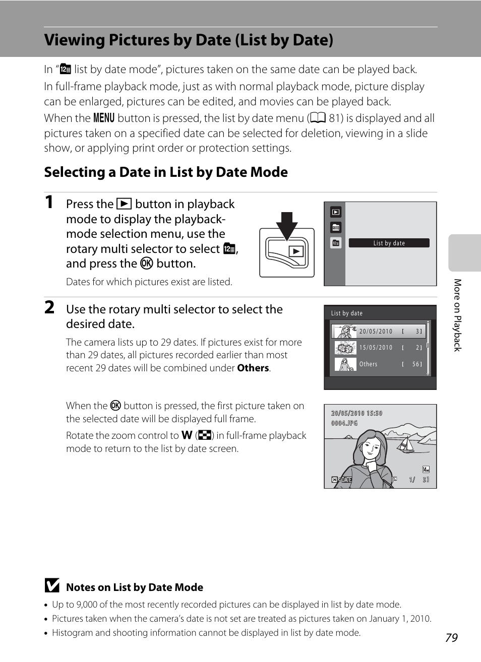 Viewing pictures by date (list by date), Selecting a date in list by date mode, A 79 | Nikon S6000 User Manual | Page 91 / 180