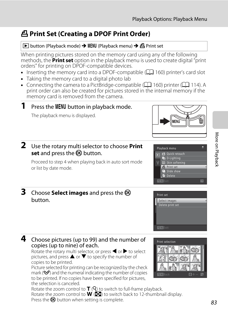 Print set (creating a dpof print order), A print set (creating a dpof print order), A 83) or | A 83, Press the d button in playback mode, Choose select images and press the k button | Nikon S6000 User Manual | Page 95 / 180