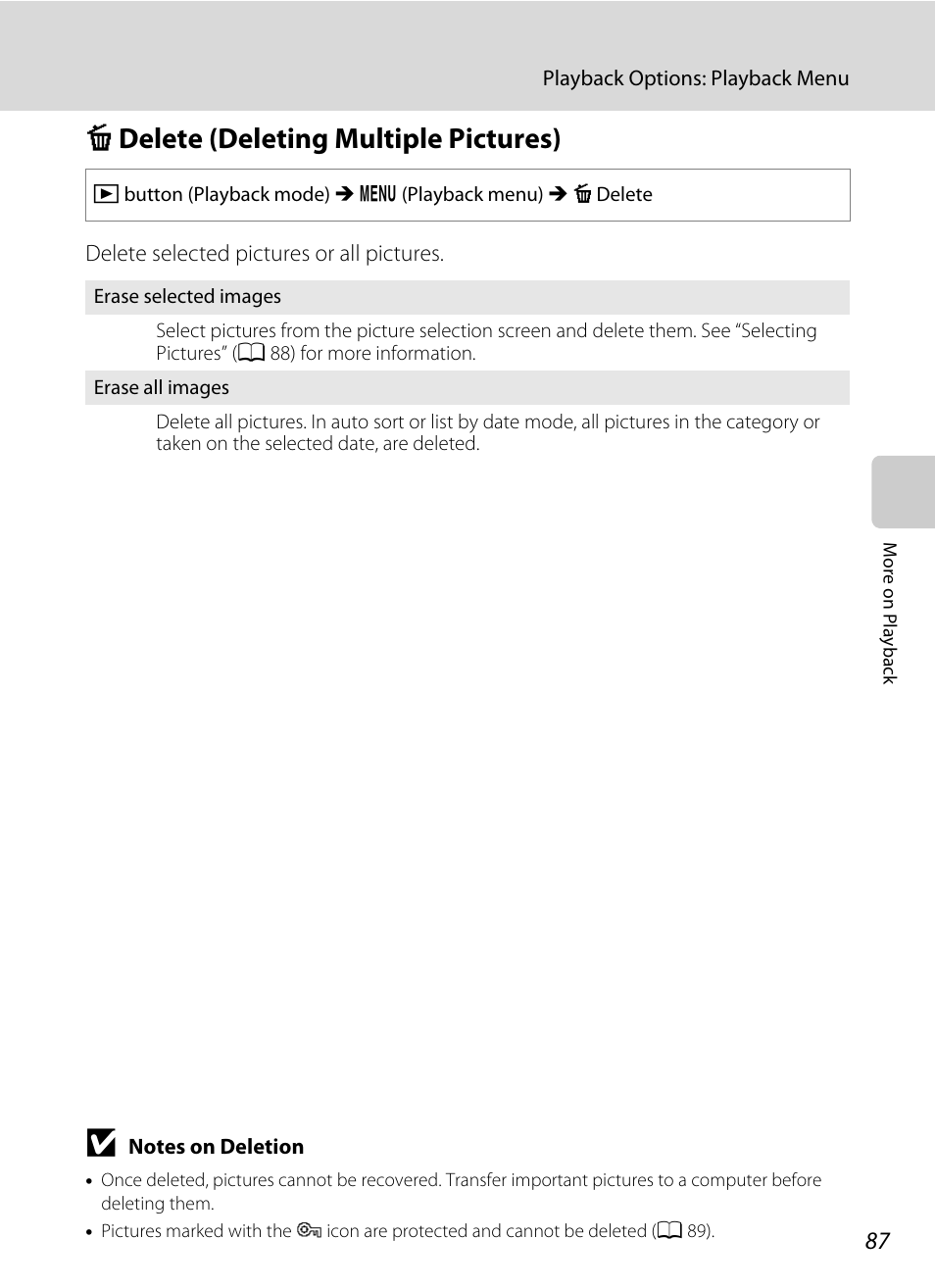 Delete (deleting multiple pictures), C delete (deleting multiple pictures), A 87) | A 87 | Nikon S6000 User Manual | Page 99 / 180