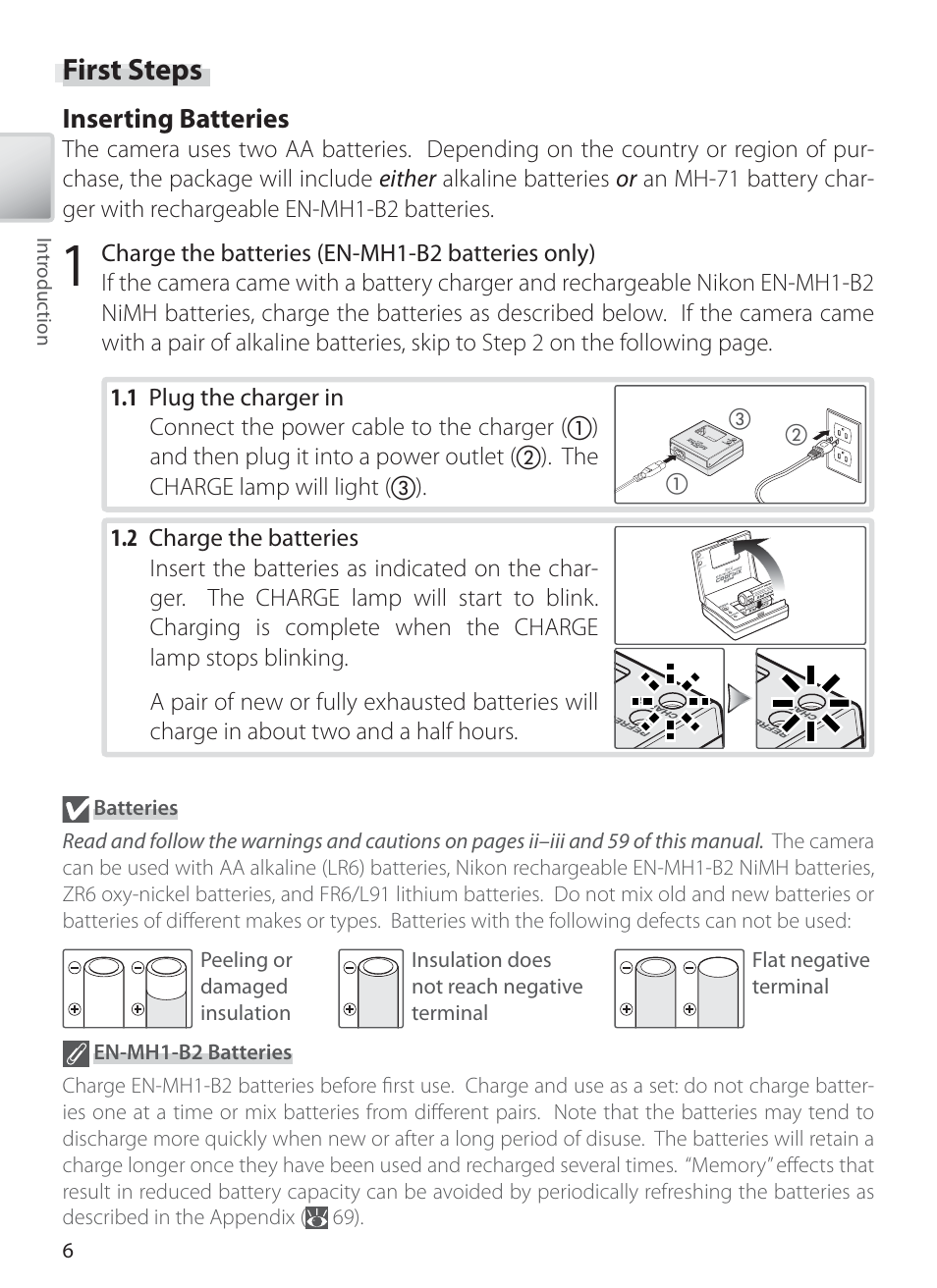 First steps, Inserting batteries | Nikon L1 User Manual | Page 16 / 84
