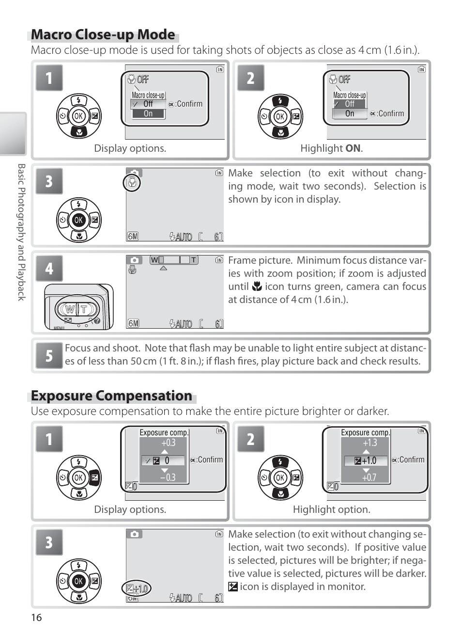 Macro close-up mode, Exposure compensation | Nikon L1 User Manual | Page 26 / 84