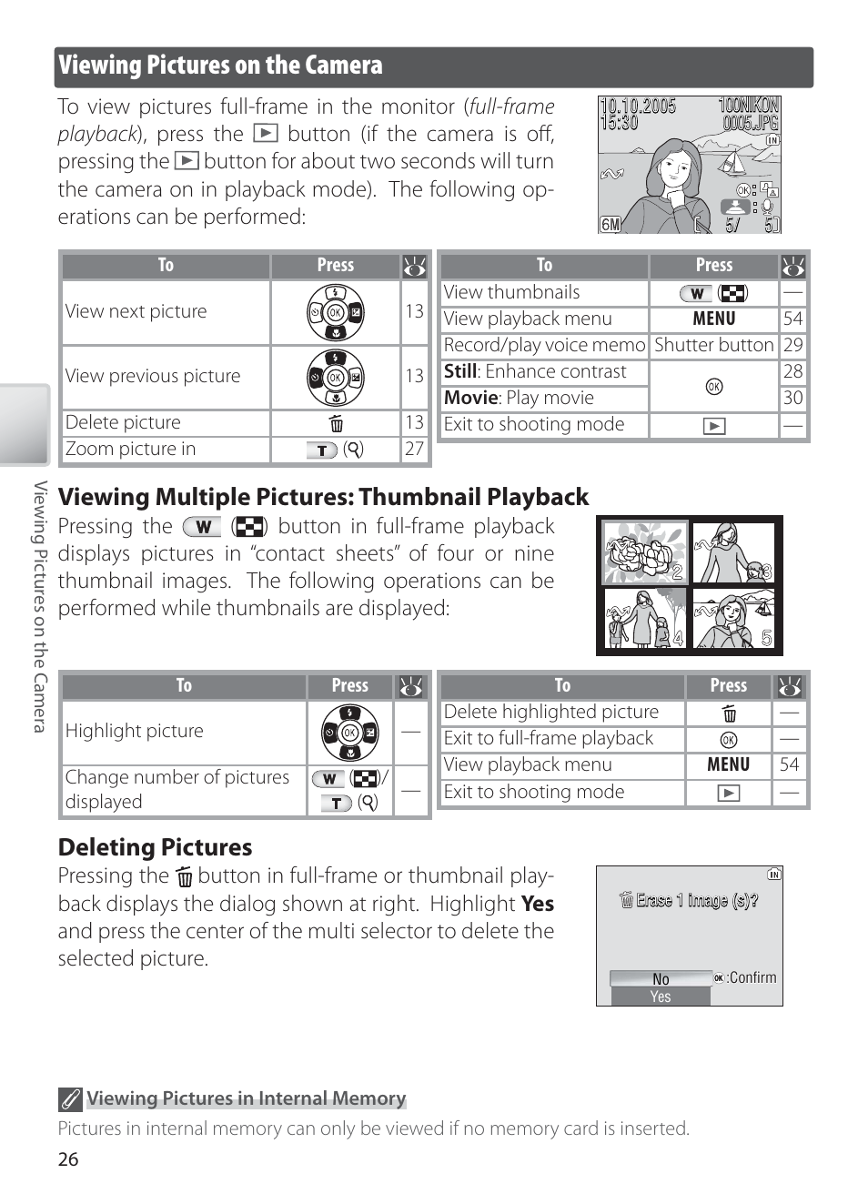 Viewing pictures on the camera, Viewing multiple pictures: thumbnail playback, Deleting pictures | Nikon L1 User Manual | Page 36 / 84