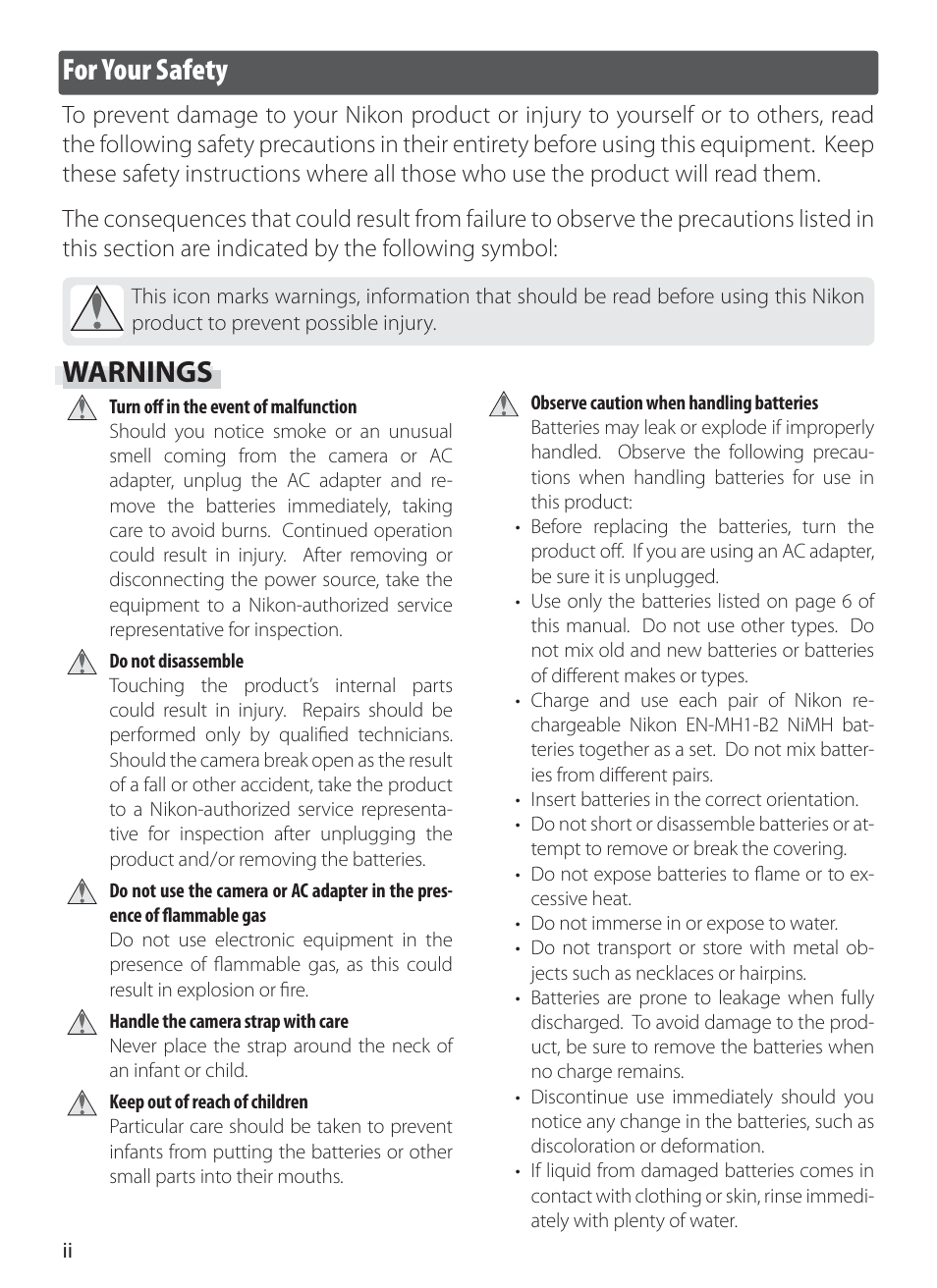 For your safety, Warnings | Nikon L1 User Manual | Page 4 / 84