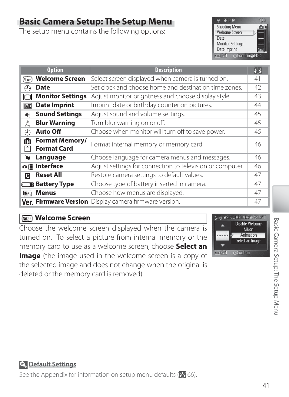 Basic camera setup: the setup menu, Welcome screen | Nikon L1 User Manual | Page 51 / 84