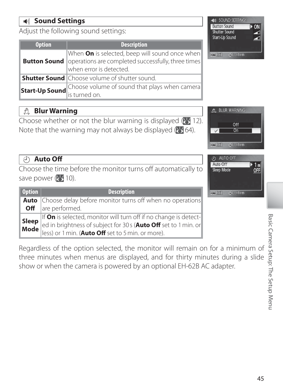 Sound settings, Blur warning, Auto off | Nikon L1 User Manual | Page 55 / 84