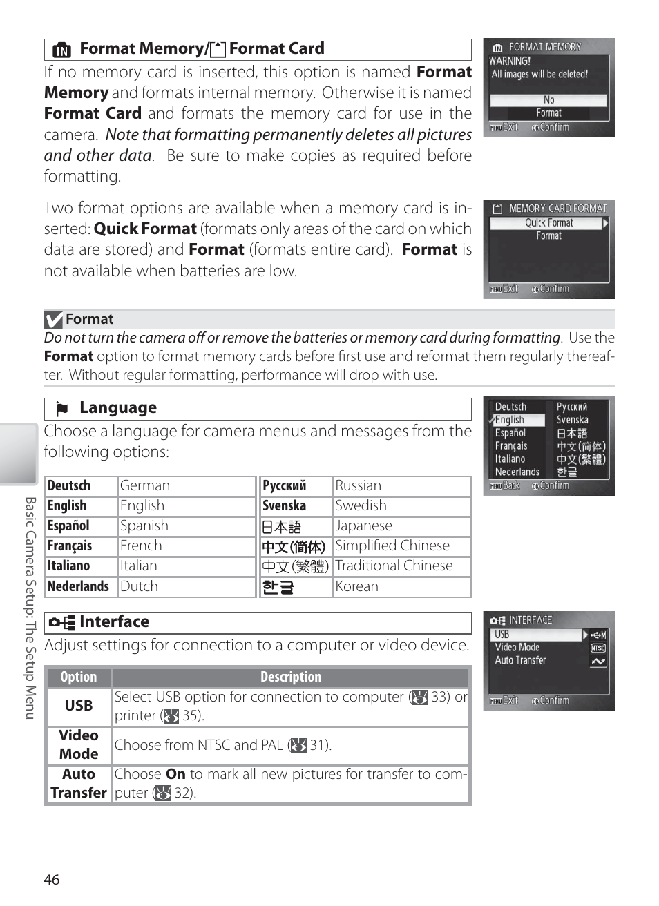 Format memory/ format card, Language, Interface | Nikon L1 User Manual | Page 56 / 84