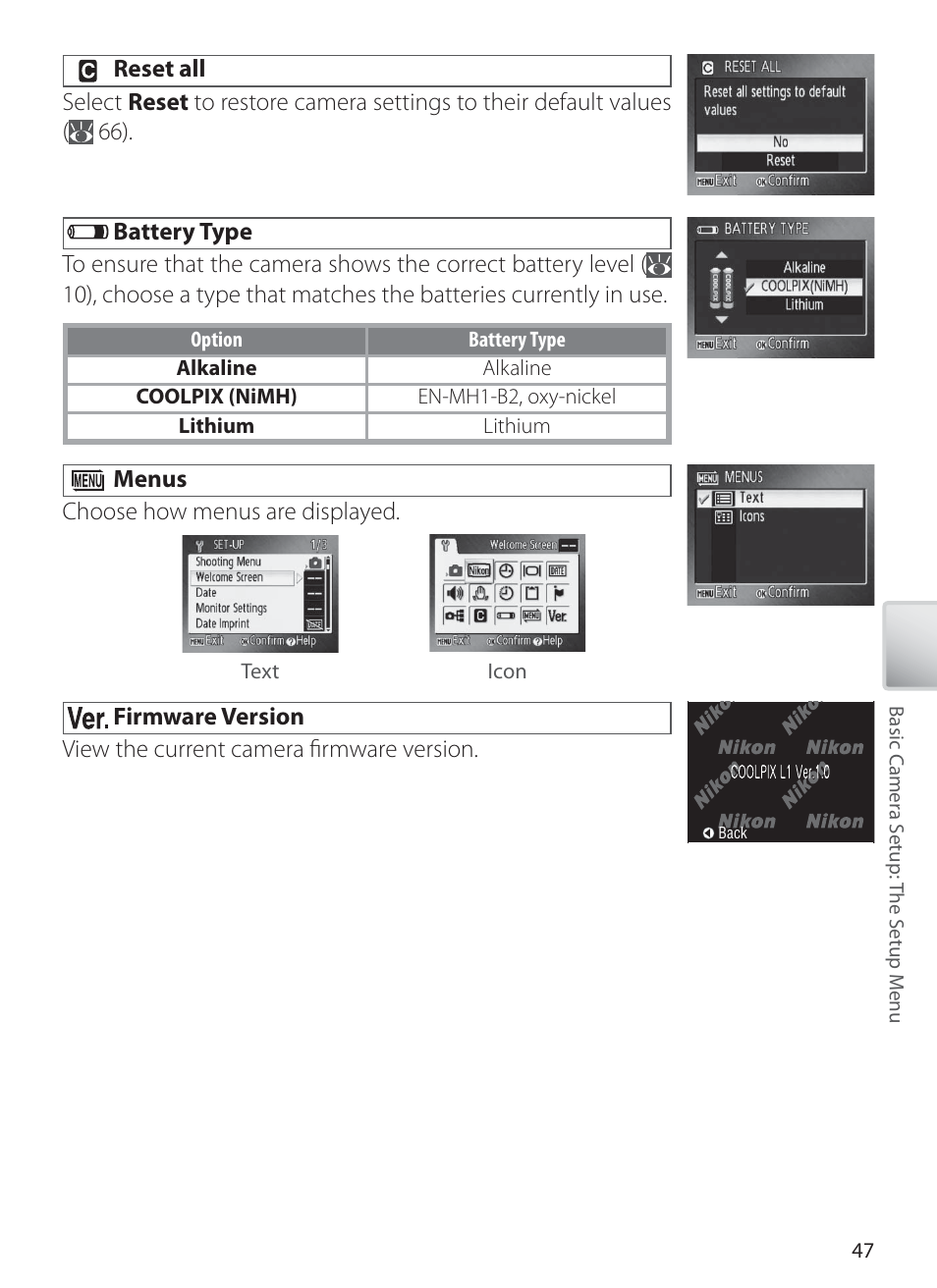 Reset all, Battery type, Menus | Firmware version | Nikon L1 User Manual | Page 57 / 84