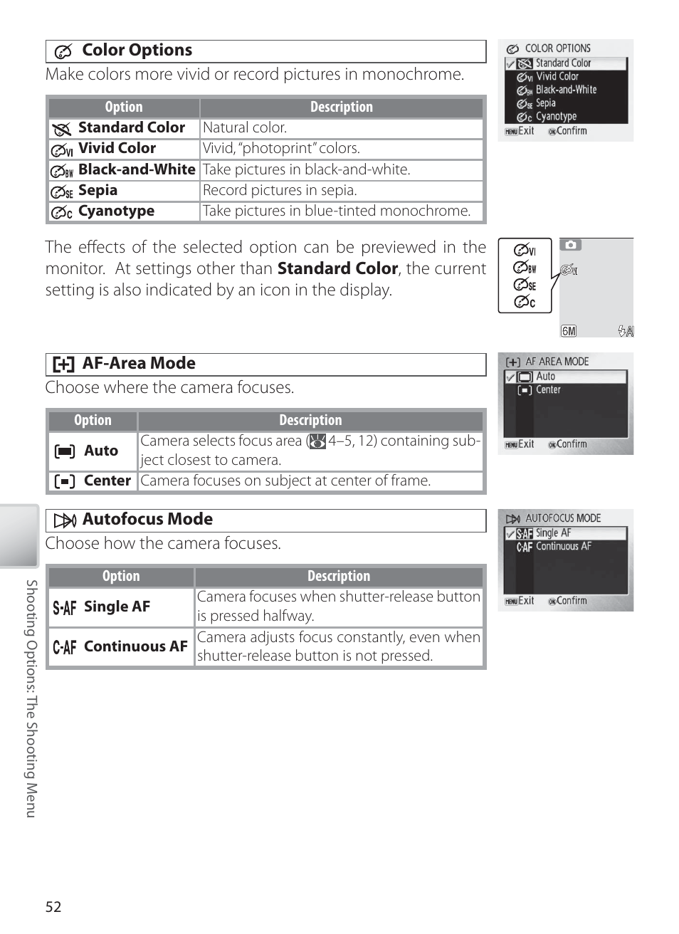 Color options, Af-area mode, Autofocus mode | Nikon L1 User Manual | Page 62 / 84