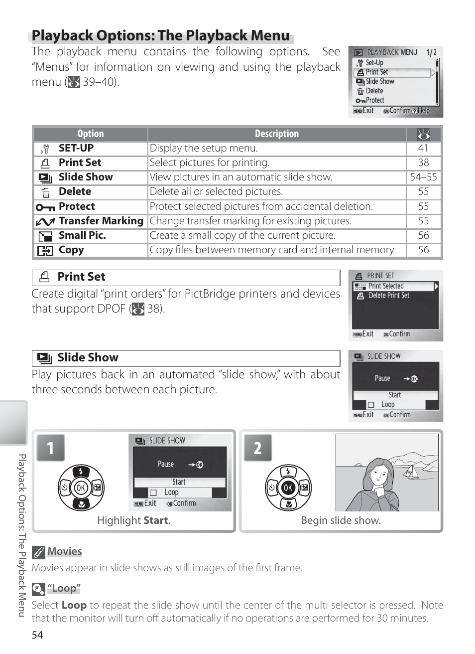 Playback options: the playback menu, Print set, Slide show | Nikon L1 User Manual | Page 64 / 84