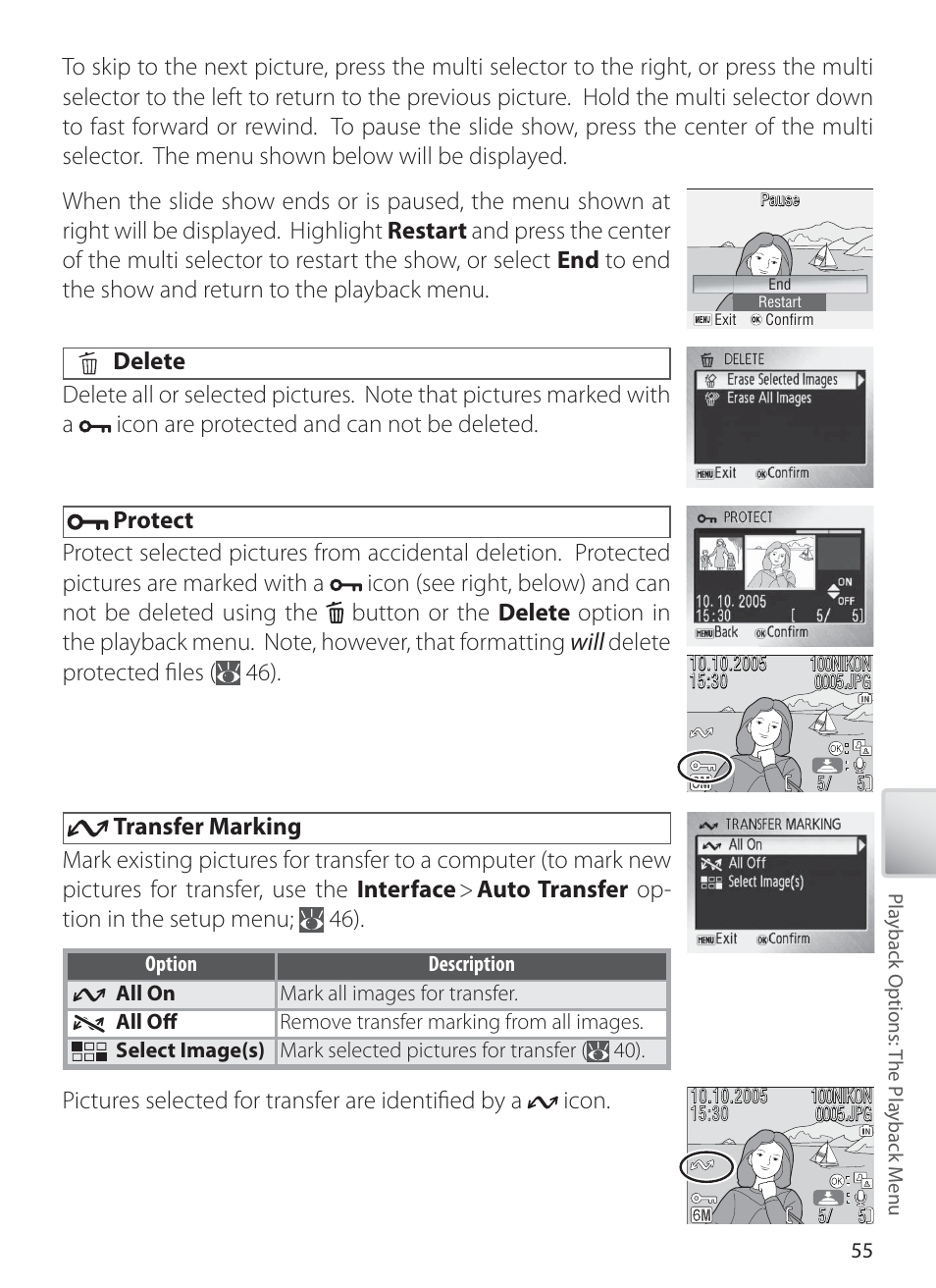 Delete, Protect, Transfer marking | Nikon L1 User Manual | Page 65 / 84