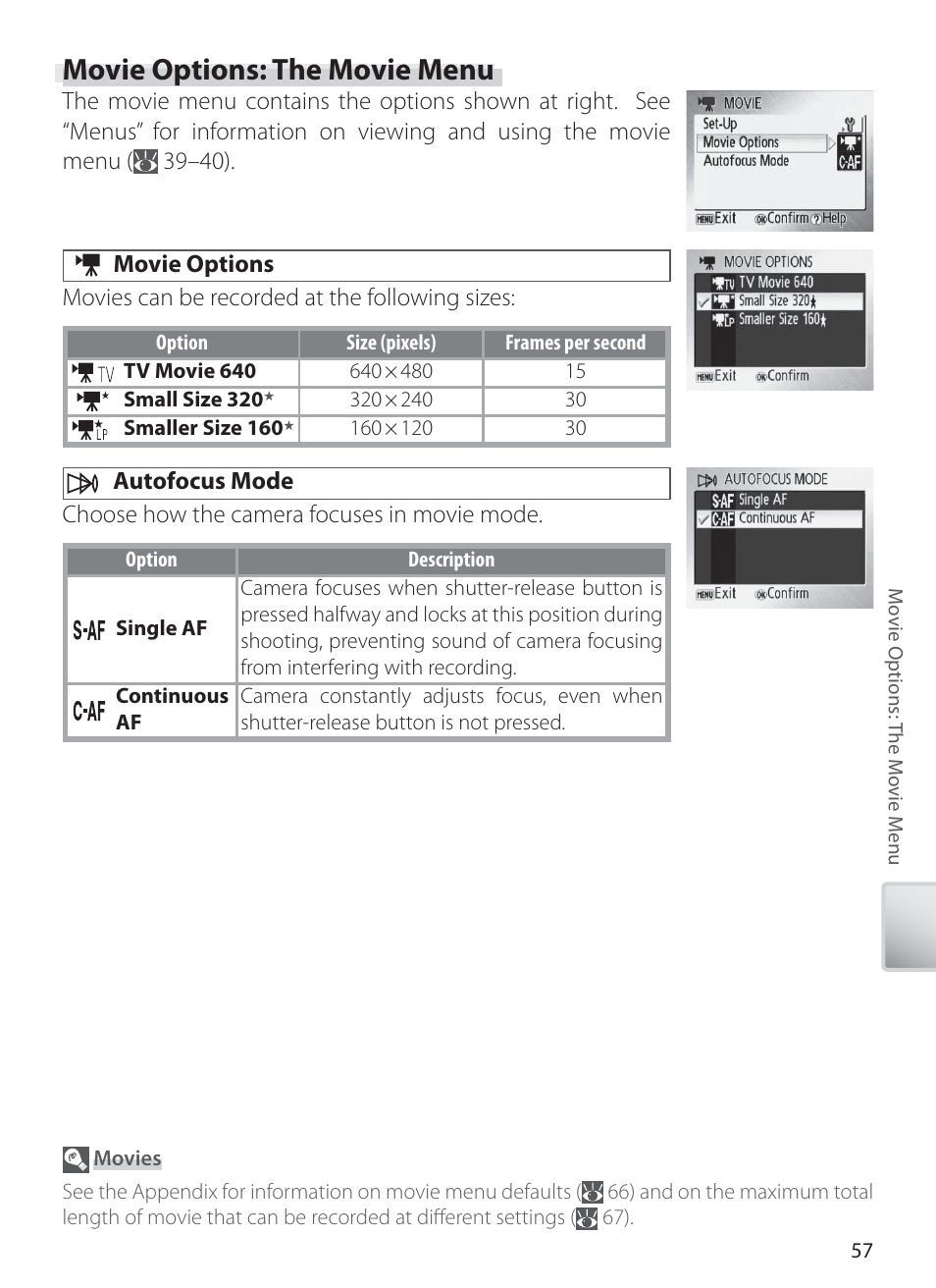 Movie options: the movie menu, Movie options, Autofocus mode | Nikon L1 User Manual | Page 67 / 84