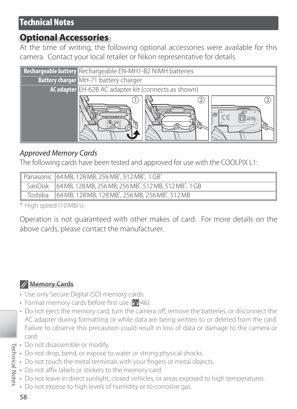 Technical notes, Optional accessories | Nikon L1 User Manual | Page 68 / 84