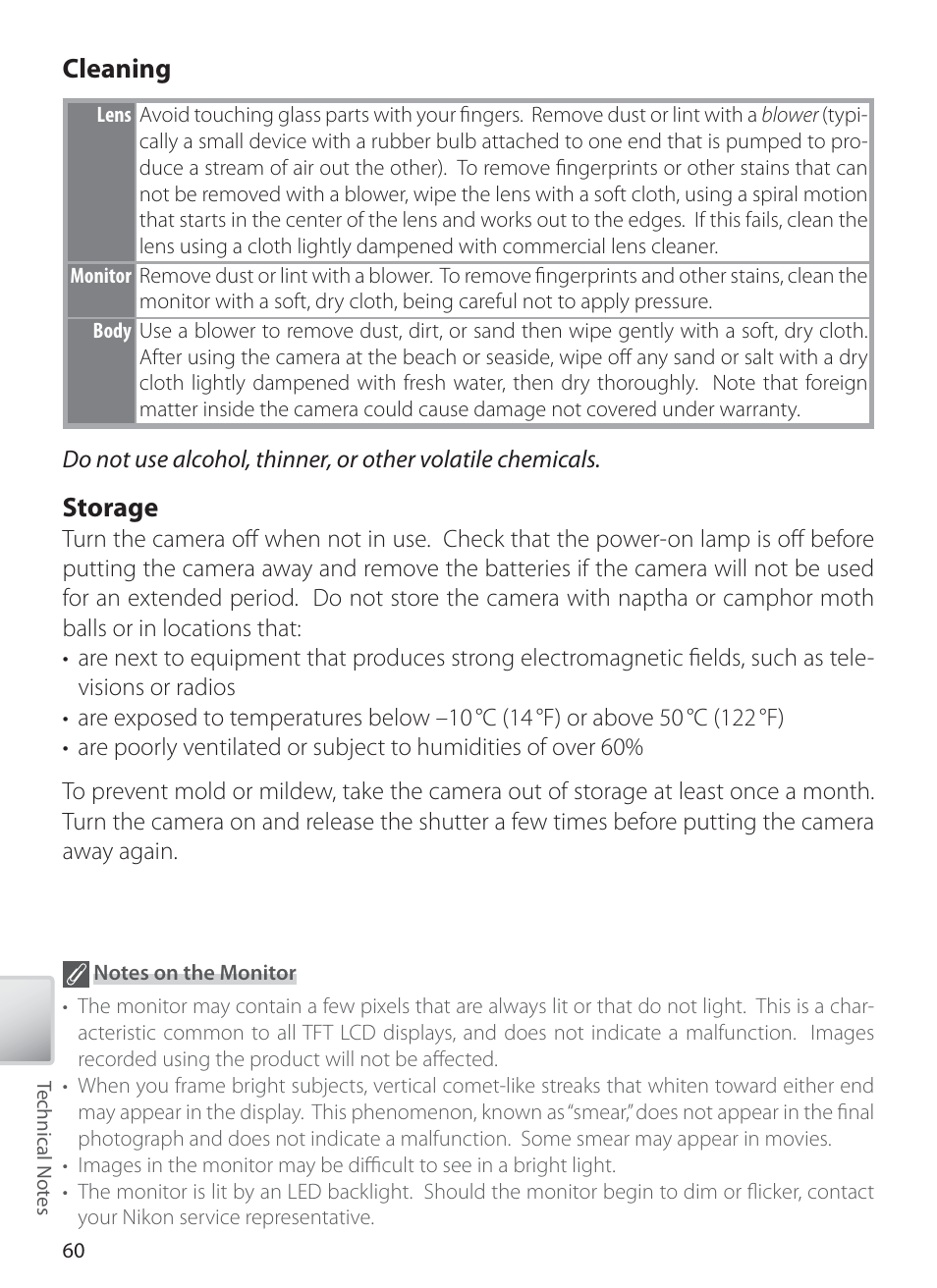 Cleaning, Storage | Nikon L1 User Manual | Page 70 / 84