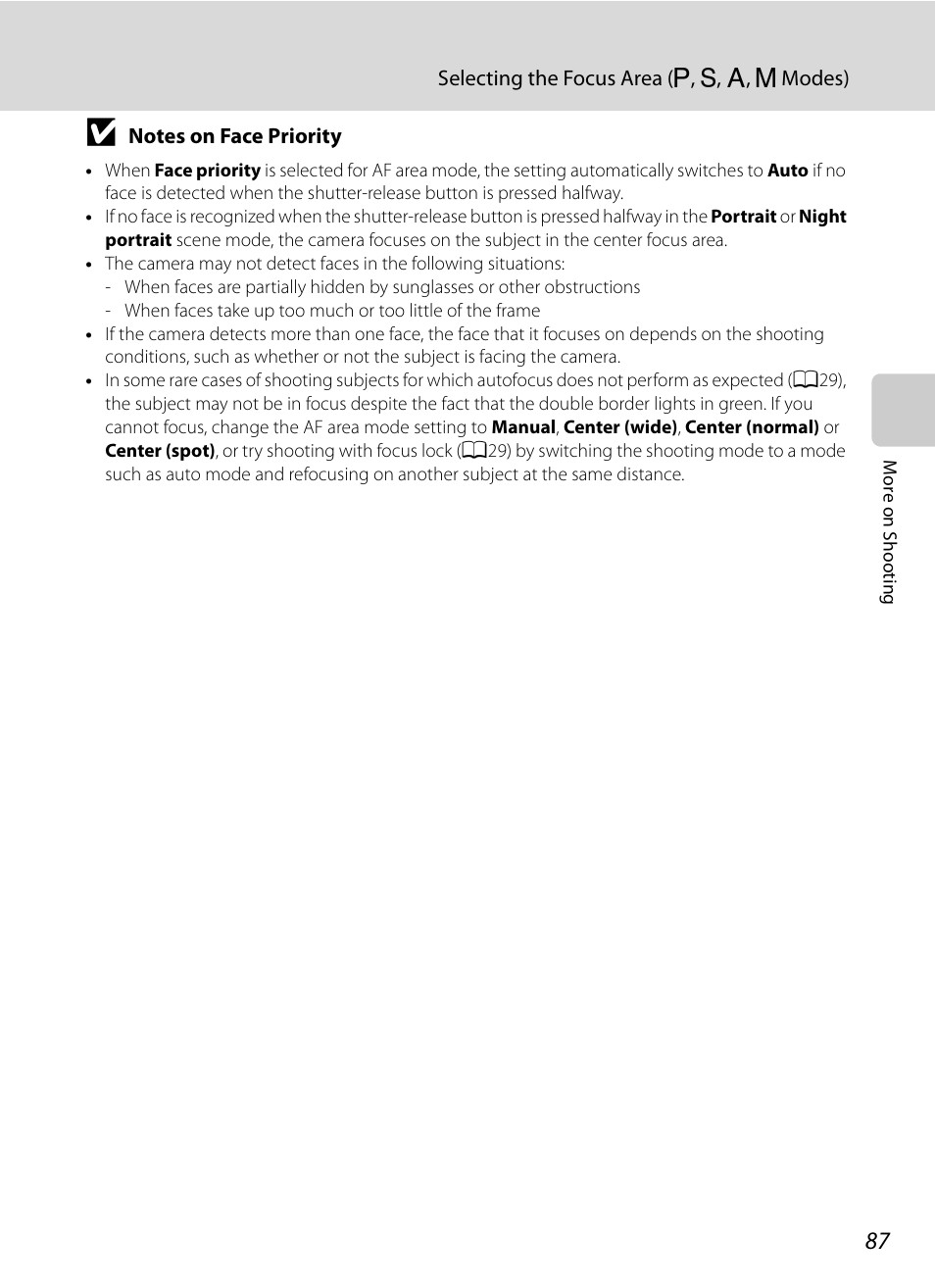 See “notes on face priority, A87) | Nikon P7000 User Manual | Page 101 / 240