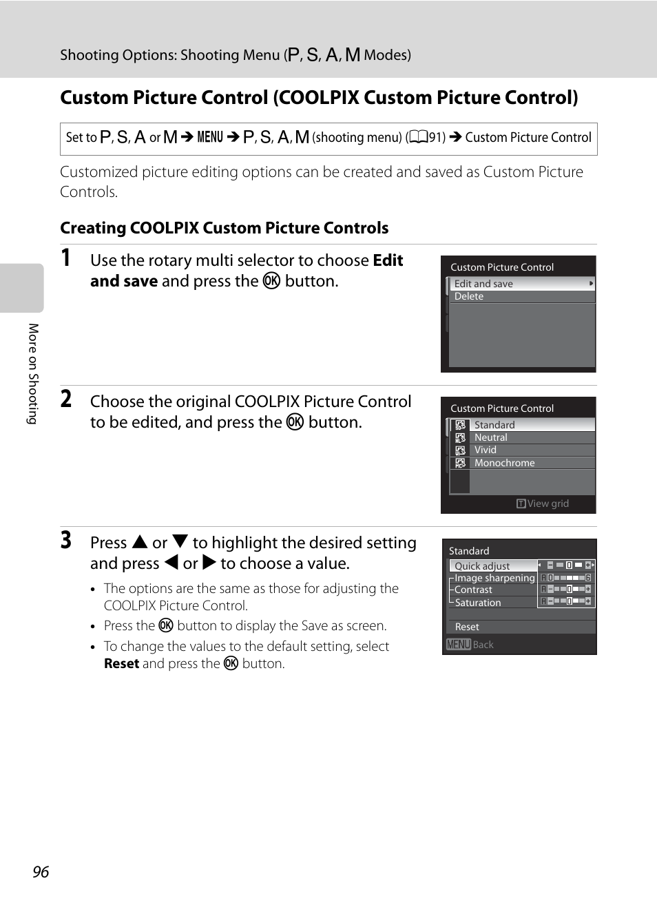 A96), Creating coolpix custom picture controls | Nikon P7000 User Manual | Page 110 / 240