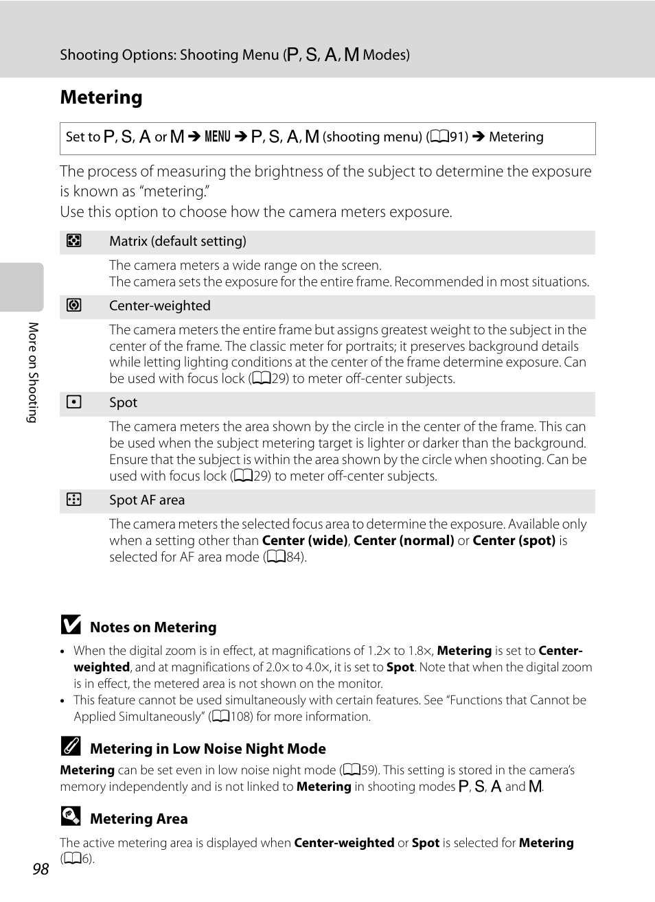 Metering, A98) can be set | Nikon P7000 User Manual | Page 112 / 240