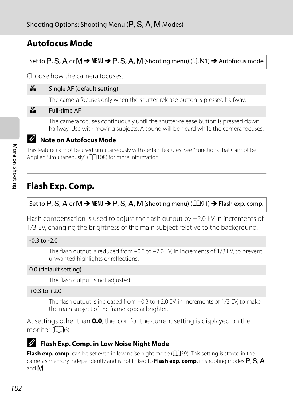 Autofocus mode, Flash exp. comp, Autofocus mode flash exp. comp | A102) c, A102 | Nikon P7000 User Manual | Page 116 / 240