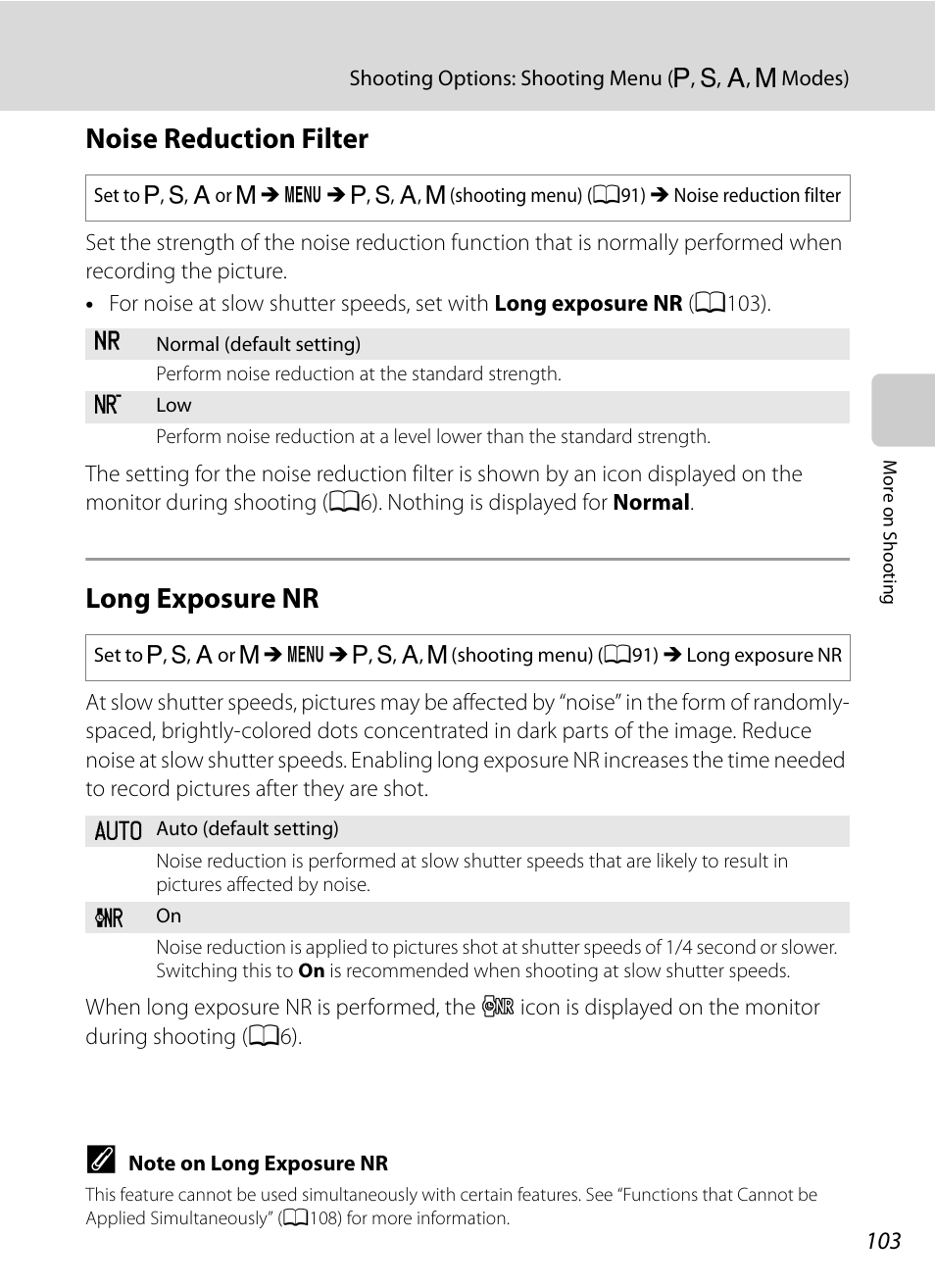 Noise reduction filter, Long exposure nr, Noise reduction filter long exposure nr | A103) t, A103 | Nikon P7000 User Manual | Page 117 / 240