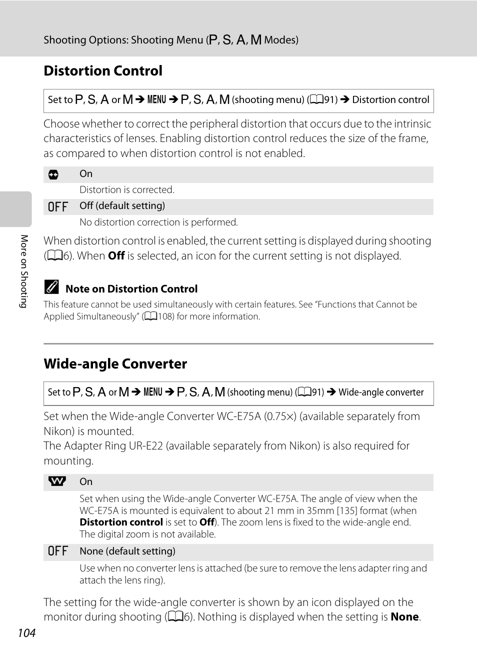 Distortion control, Wide-angle converter, Distortion control wide-angle converter | A104), A104 | Nikon P7000 User Manual | Page 118 / 240