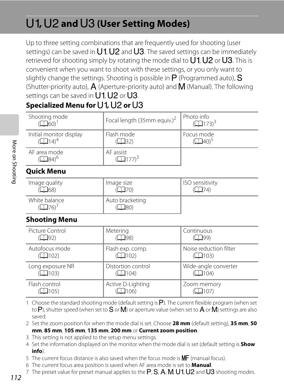 U1, u2 and u3 (user setting modes), E, f and n (user setting modes), A112) | Tab (a112), E , f and n (user setting modes) | Nikon P7000 User Manual | Page 126 / 240