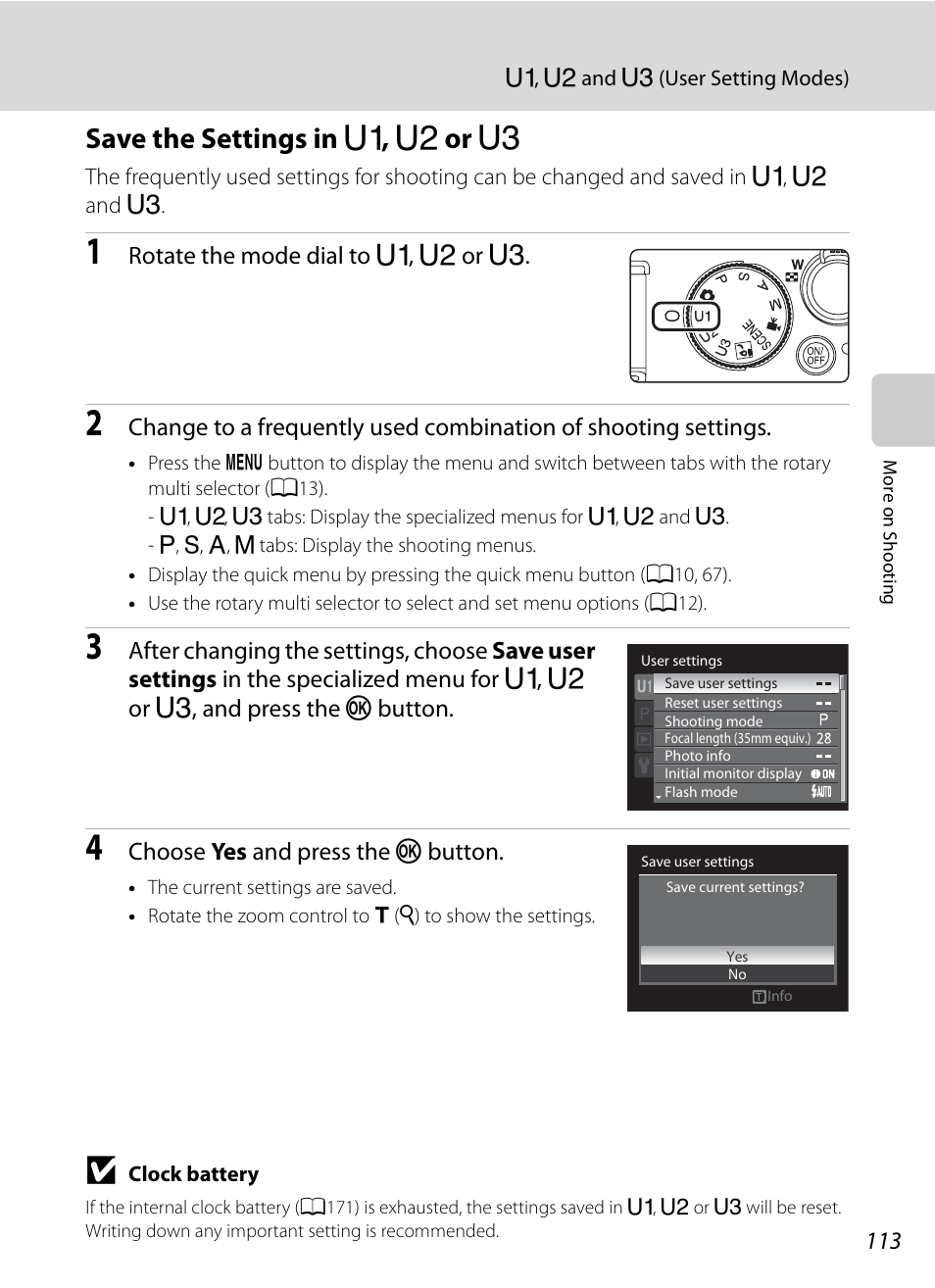 Save the settings in u1, u2 or u3, Save the settings in, E, f or n | Save the settings in e , f or n | Nikon P7000 User Manual | Page 127 / 240