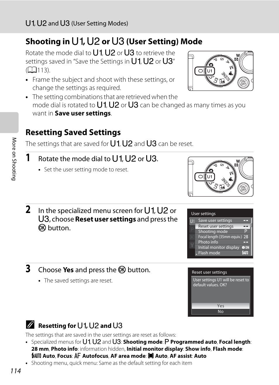 Shooting in u1, u2 or u3 (user setting) mode, Resetting saved settings, Shooting in | E, f or n (user setting) mode, Shooting in e , f or n (user setting) mode | Nikon P7000 User Manual | Page 128 / 240