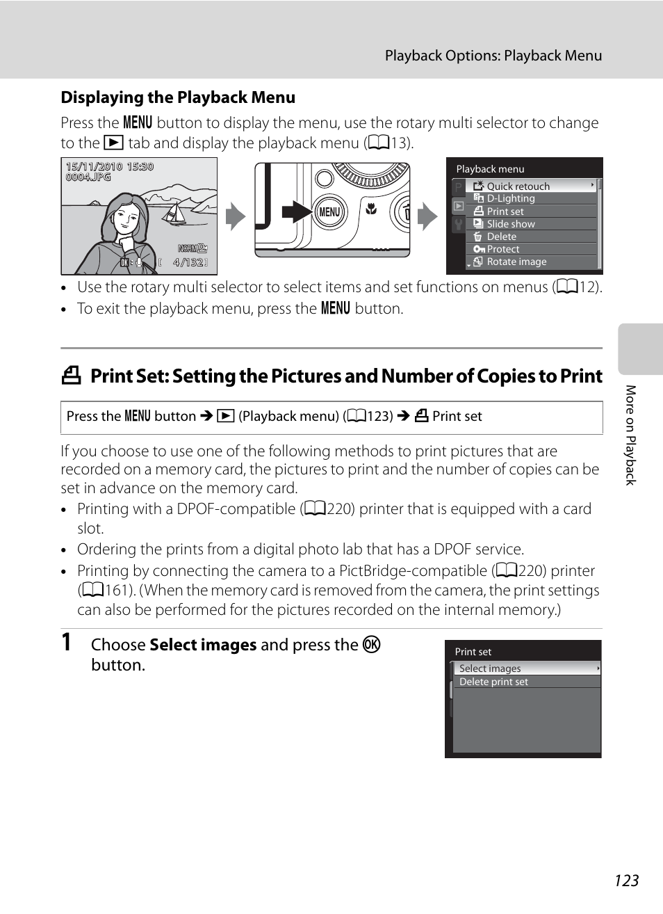 A123) and, A123, Displaying the playback menu | Choose select images and press the k button | Nikon P7000 User Manual | Page 137 / 240