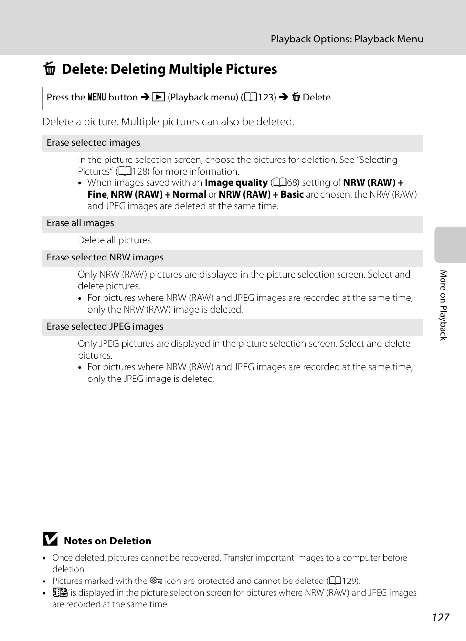 Delete: deleting multiple pictures, C delete: deleting multiple pictures, A127) | A127) f, A127 | Nikon P7000 User Manual | Page 141 / 240
