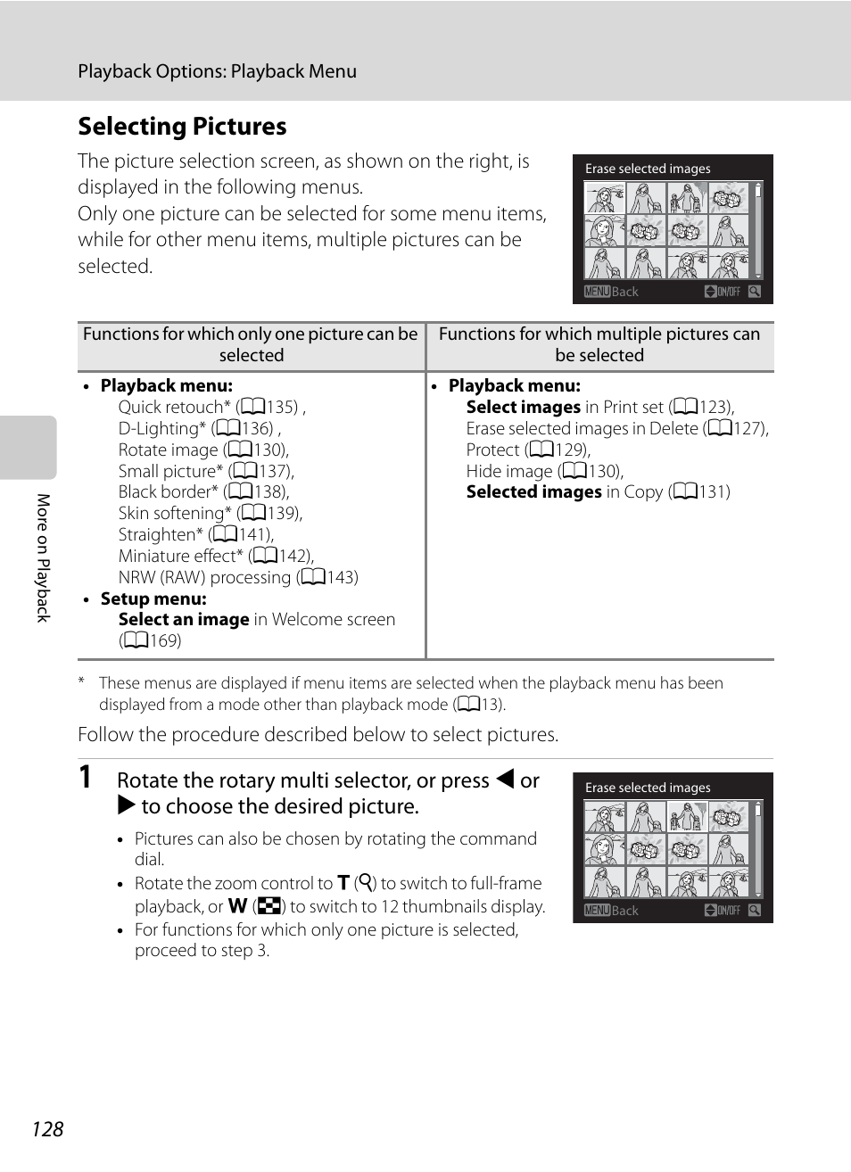 Selecting pictures, A128) | Nikon P7000 User Manual | Page 142 / 240