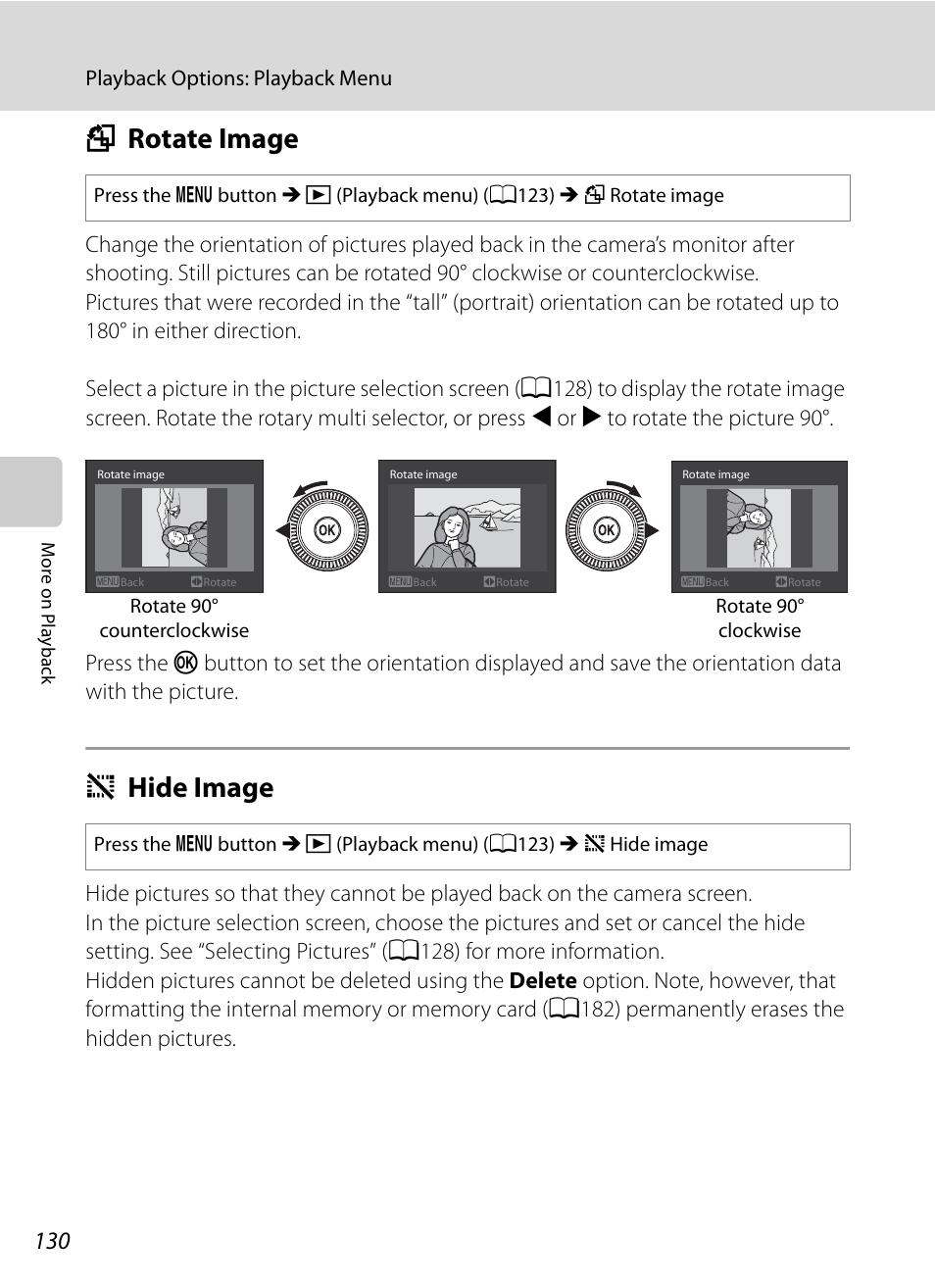 Rotate image, Hide image, F rotate image i hide image | Option, A130) in, A130, A130), F rotate image, I hide image | Nikon P7000 User Manual | Page 144 / 240