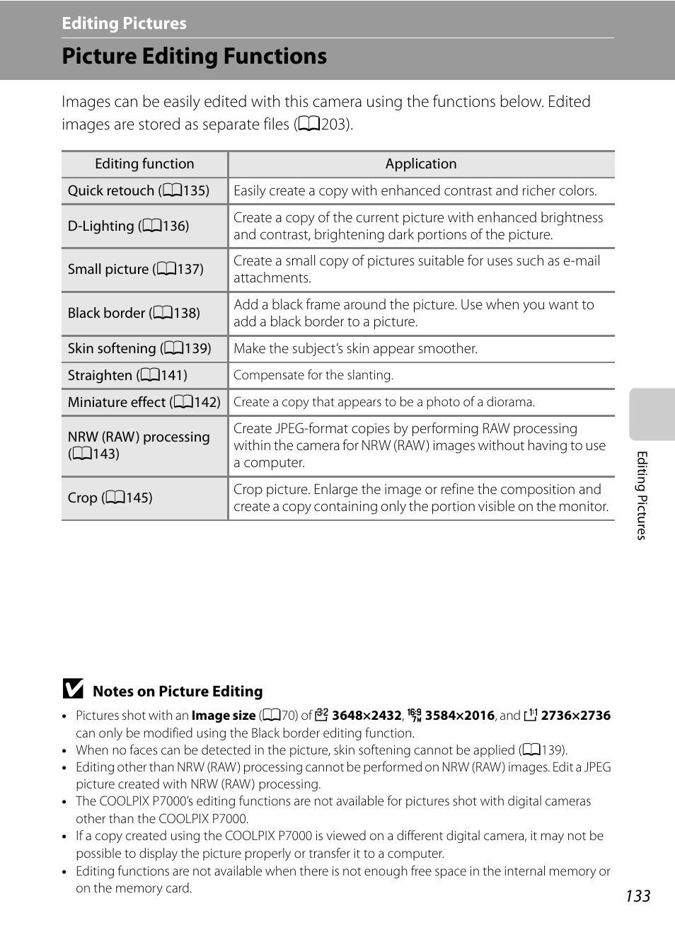 Editing pictures, Picture editing functions, A133) | Nikon P7000 User Manual | Page 147 / 240