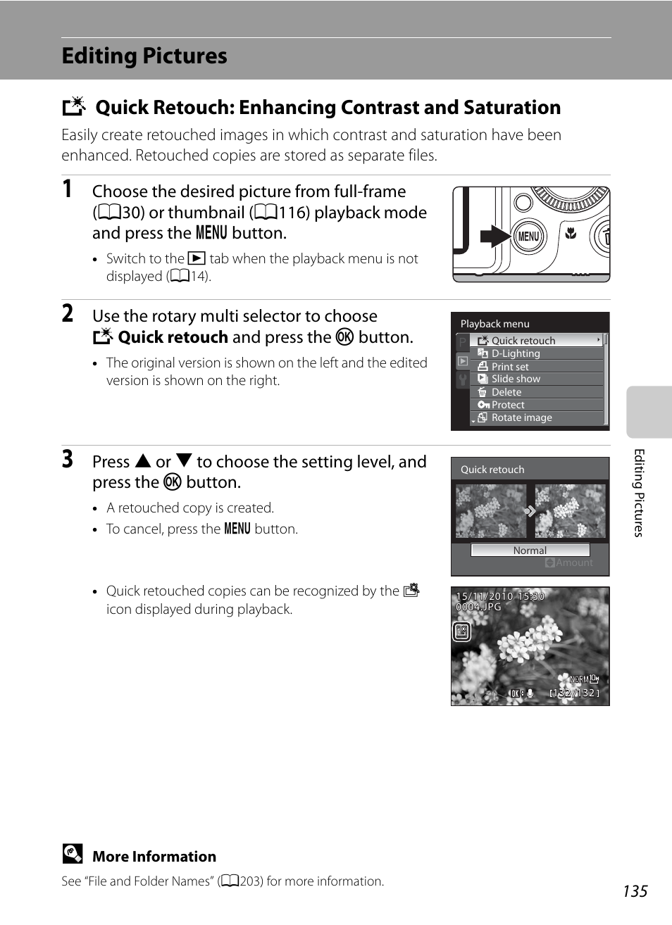 Editing pictures, Quick retouch: enhancing contrast and saturation, K quick retouch: enhancing contrast and saturation | A135, A135) | Nikon P7000 User Manual | Page 149 / 240