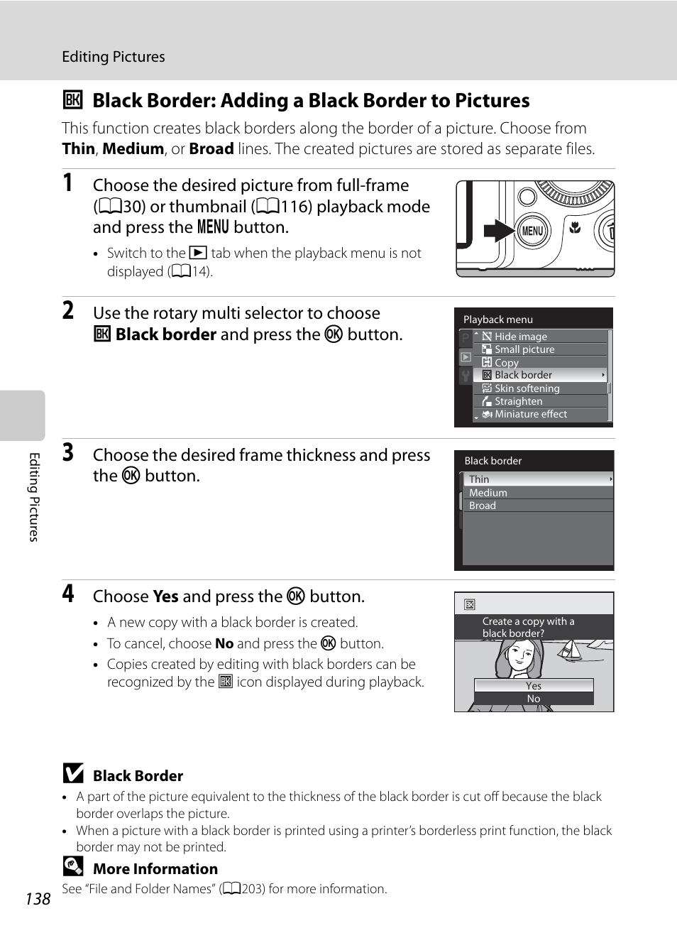 Black border: adding a black border to pictures, J black border: adding a black border to pictures, A138 | A138) | Nikon P7000 User Manual | Page 152 / 240