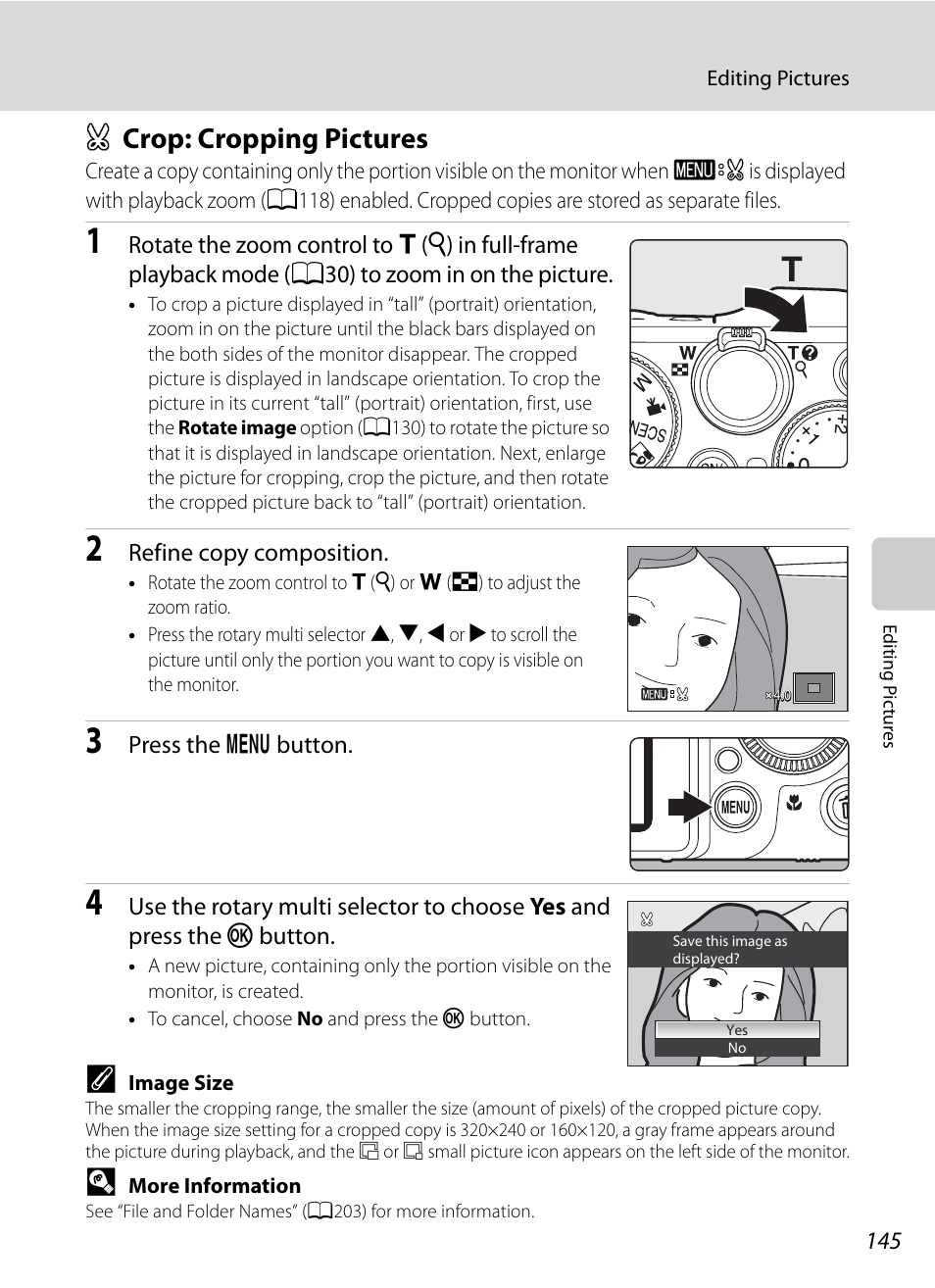 Crop: cropping pictures, A crop: cropping pictures, A145) | Nikon P7000 User Manual | Page 159 / 240