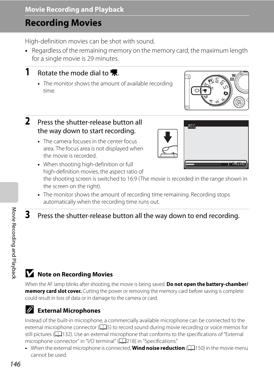 Movie recording and playback, Recording movies, A146) | Nikon P7000 User Manual | Page 160 / 240