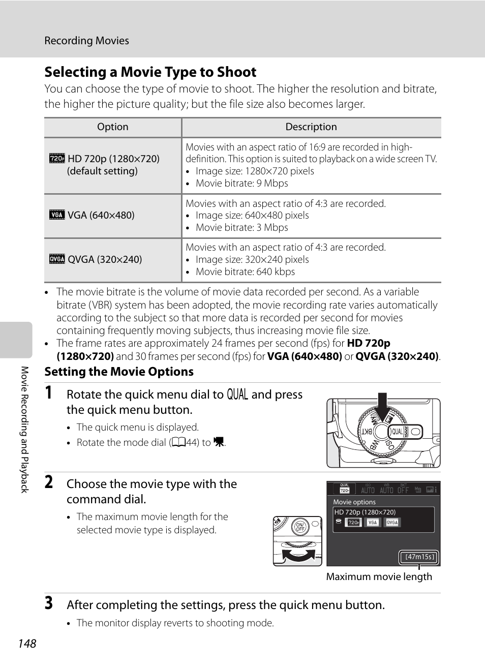 Selecting a movie type to shoot, A148) | Nikon P7000 User Manual | Page 162 / 240