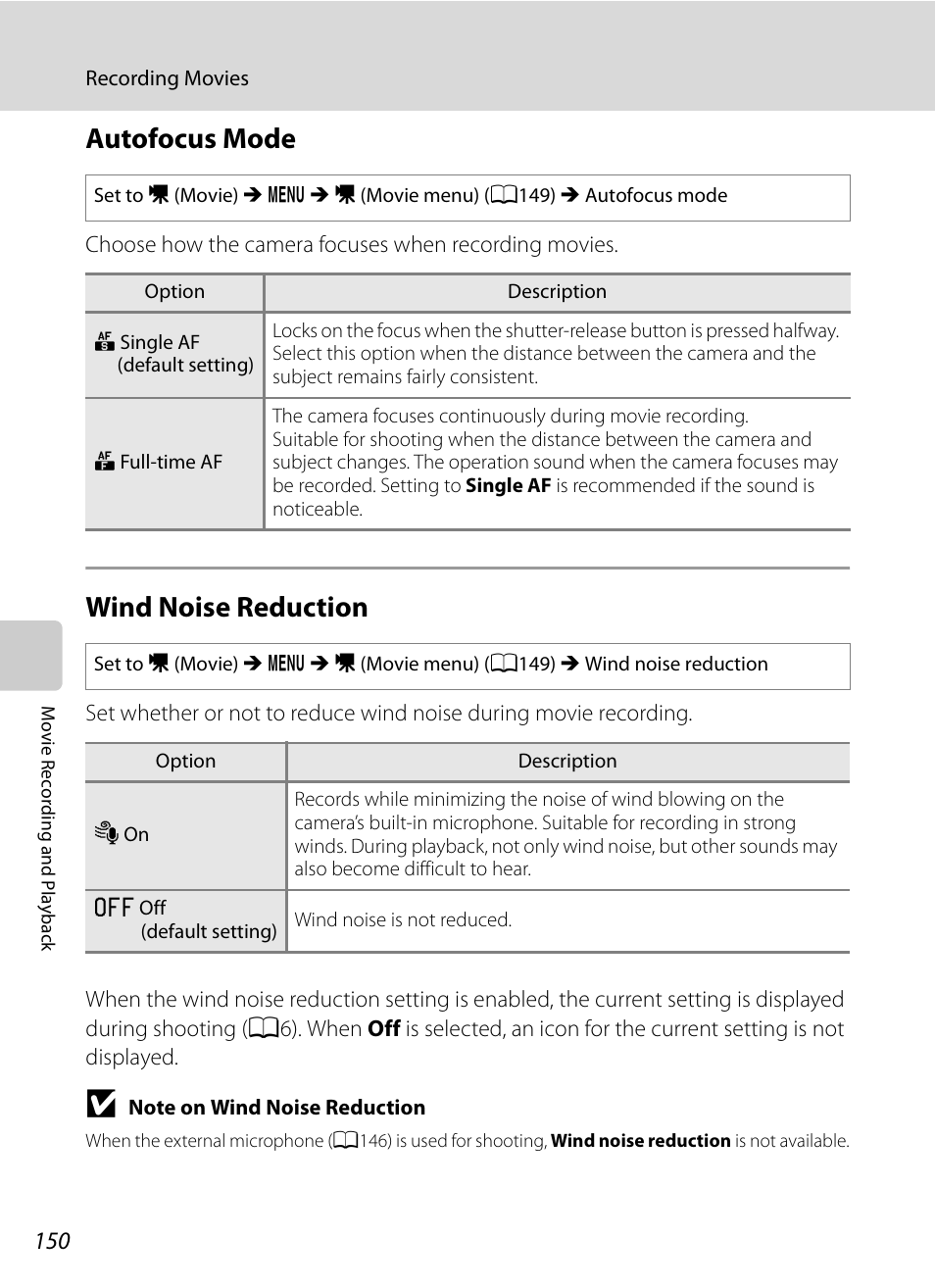 Autofocus mode, Wind noise reduction, Autofocus mode wind noise reduction | A150), A150 | Nikon P7000 User Manual | Page 164 / 240